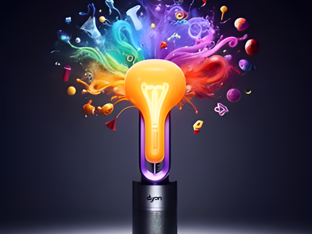 Uma lâmpada com várias cores saindo dela, representando ideias criativas, e o logotipo da empresa na base da lâmpada