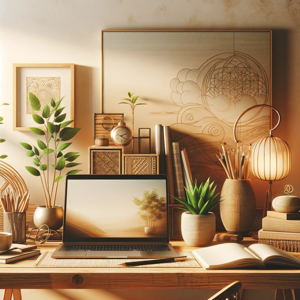 A cozy and organized workspace featuring a minimalist desk setup with a laptop, a small plant, and a notepad, symbolizing a digital environment conducive to mindfulness and productivity. The scene is designed to inspire calm and focus, with elements that encourage a balanced and healthy digital lifestyle. The background may include a soft, warm light to enhance the sense of tranquility. This image represents the idea of creating a digital environment that supports well-being, with a focus on simplicity and nature elements to reduce digital clutter and stress. The ethnic diversity is subtly suggested through artwork or personal items in the space.