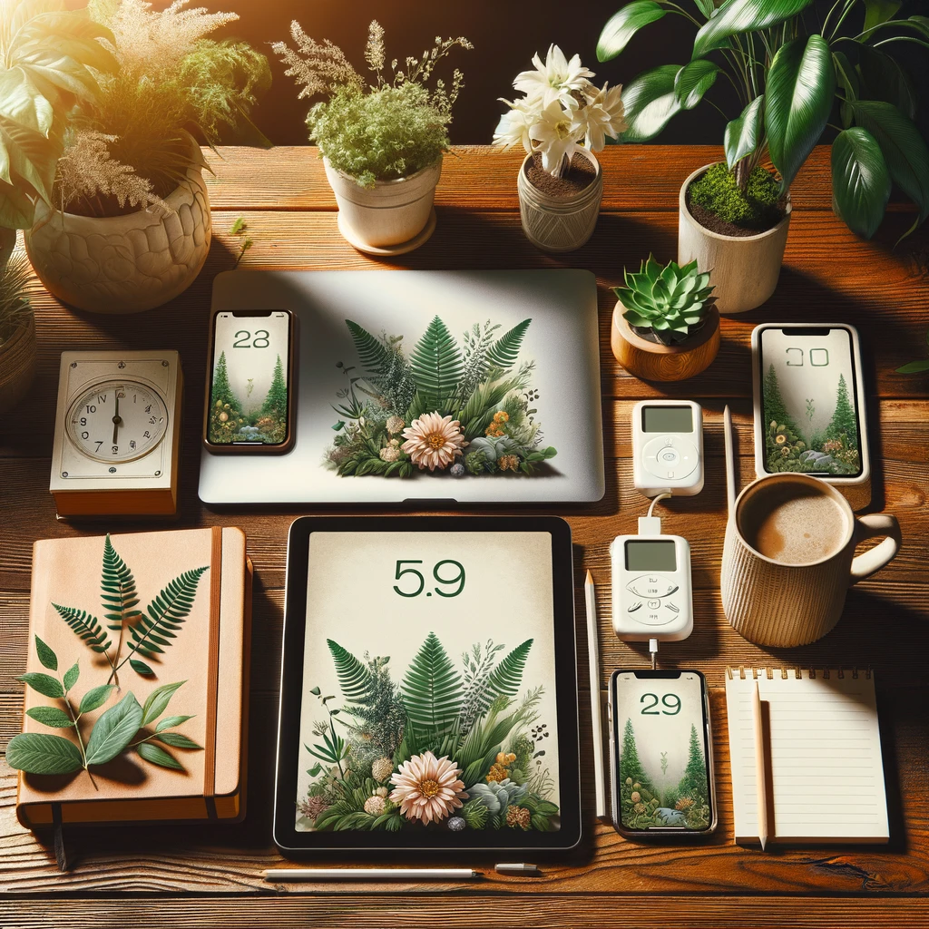 An image illustrating the concept of digital detox, featuring a smartphone, tablet, and laptop with screens turned off, surrounded by nature elements like plants, flowers, and possibly a book or a notepad. This scene symbolizes the balance between technology and the natural world, encouraging a break from digital devices to reconnect with the environment and oneself. The setting is peaceful, suggesting a harmonious integration of technology and personal wellness, with a diverse representation of ethnic backgrounds through subtle cues in the surroundings.