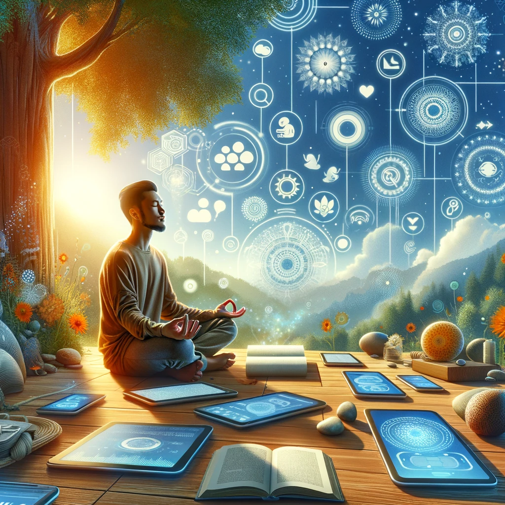 An image depicting the positive effects of digital mindfulness, showing a person in a relaxed and content state, possibly sitting in a natural setting or a well-lit room, with digital devices around but not being the focus of attention. The person might be reading a book, practicing meditation, or simply enjoying a moment of quiet reflection. This scene conveys the benefits of integrating mindfulness practices into digital habits, such as improved focus, reduced stress, and a sense of well-being. The atmosphere is calm and serene, with elements that suggest a harmonious balance between technology use and personal health. Ethnic diversity is represented in the scene to reflect a universal experience.