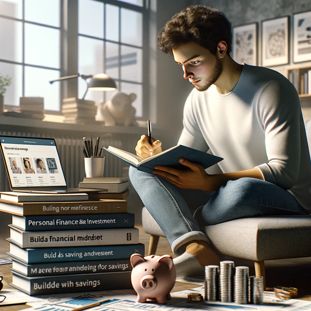 A realistic photograph of a person sitting in a comfortable, well-lit room, deep in thought with a notebook and pen in hand, symbolizing the development of a financial mindset focused on saving and investing. The person is surrounded by books on personal finance and investment, a laptop open with financial websites on the screen, and a piggy bank nearby, illustrating the concept of building a financial mindset for savings in 2024. Ensure the person reflects a different ethnicity to maintain diversity.