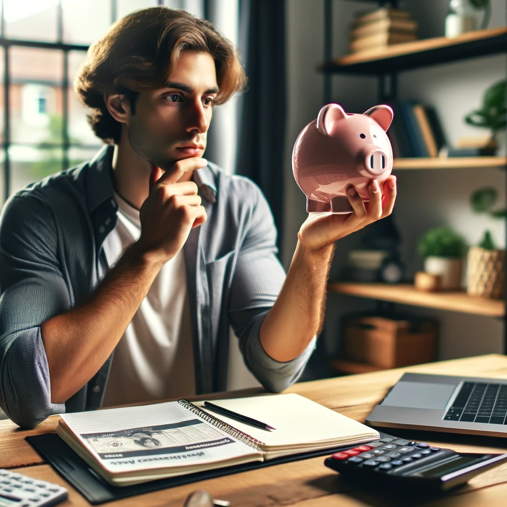 A realistic photograph of a person looking thoughtfully at a piggy bank in their hand, with a financial planning notebook and calculator on the table in front of them. This scene represents the person considering the importance of building a robust emergency fund as part of their financial strategy for 2024. The setting is a calm and organized home office, and the individual reflects a different ethnicity to maintain diversity in the series.