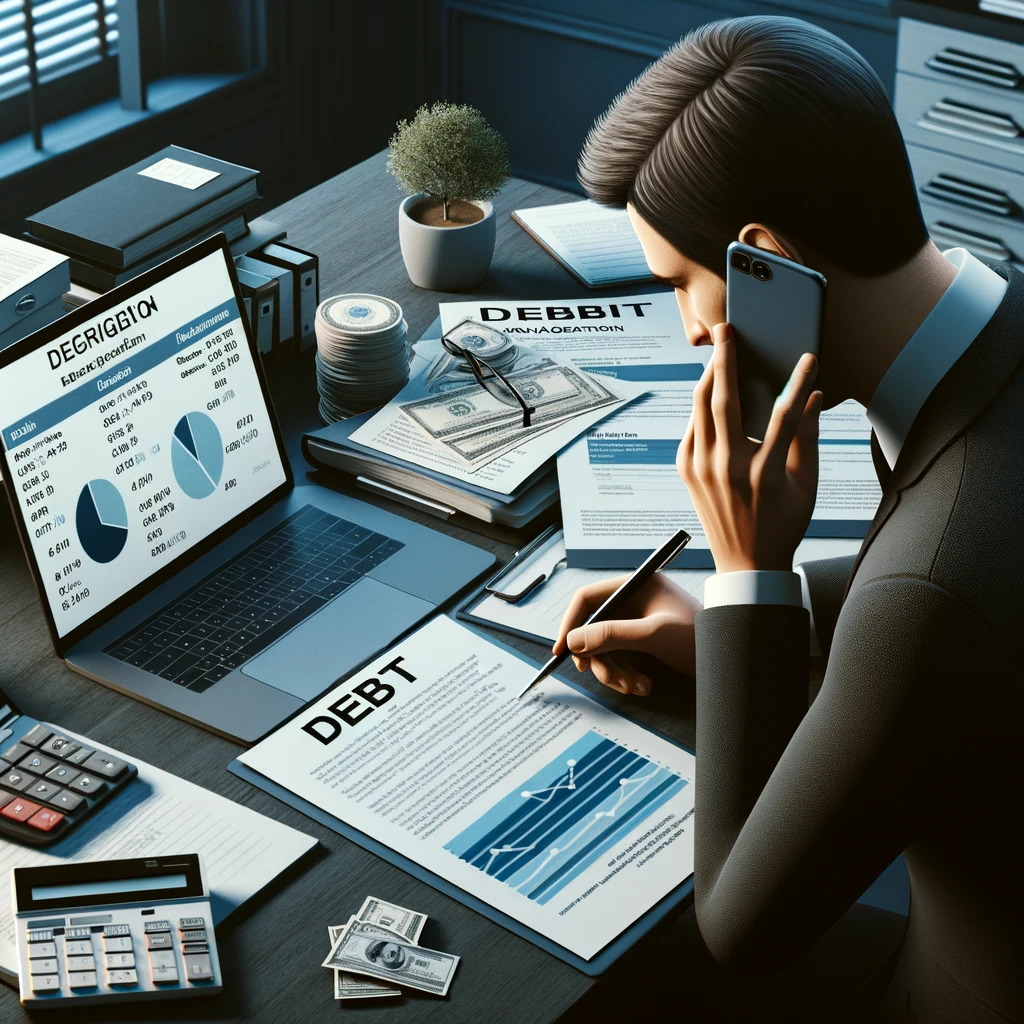 A realistic photograph depicting a person in a business setting, negotiating with a creditor over the phone while looking at documents that indicate debt amounts and repayment plans. There's a laptop open with a financial management website visible, and the desk is organized with notes and calculators, symbolizing careful financial planning and the process of debt negotiation and credit repair. Ensure diversity by varying the ethnicity of the person depicted.