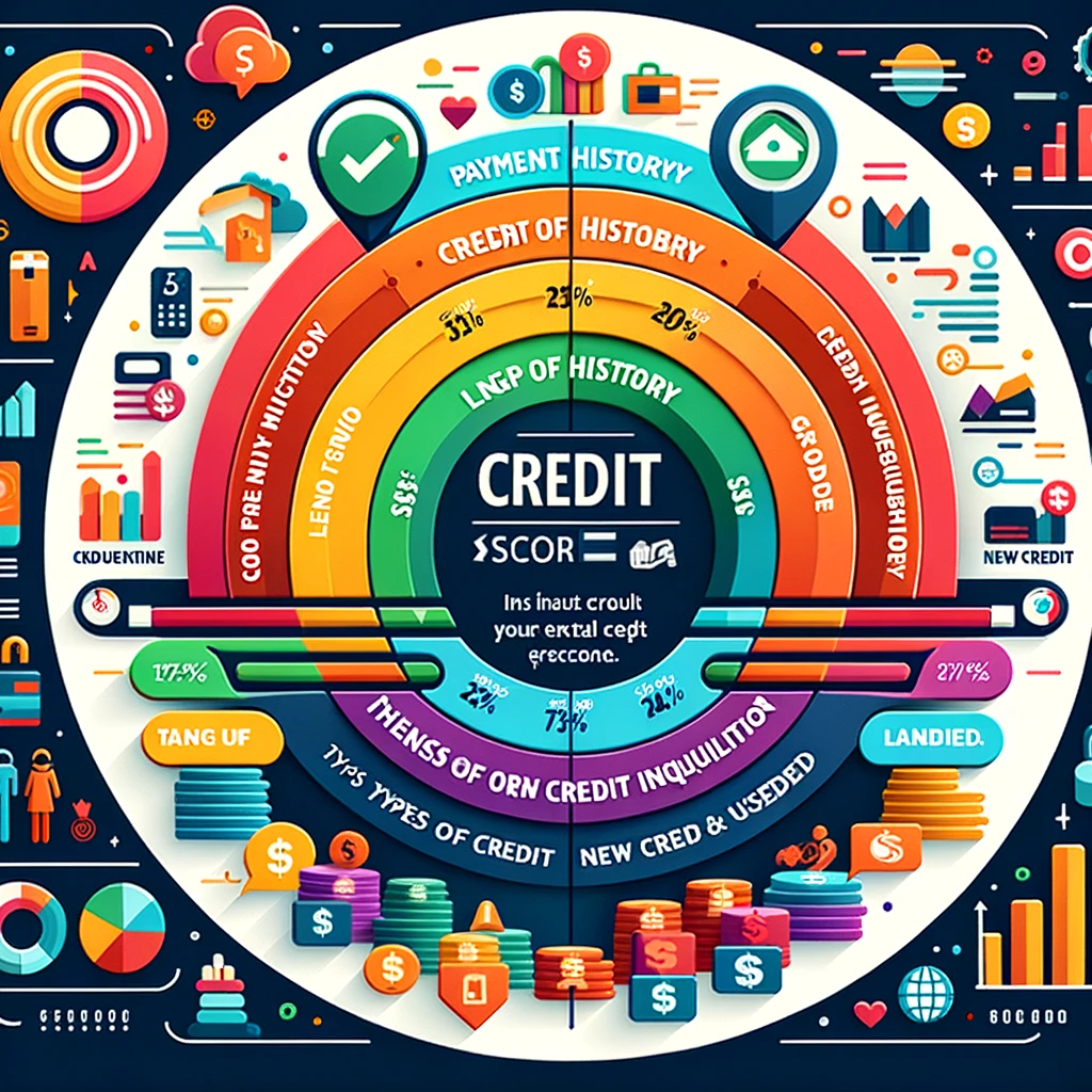 A detailed and colorful infographic showing the factors that influence credit scores, including payment history, credit utilization, length of credit history, new credit inquiries, and types of credit used. The infographic should visually represent the weight or impact of each factor on the overall credit score, with symbols or icons related to each factor. Ensure diversity by incorporating elements that reflect a wide range of financial behaviors and situations.