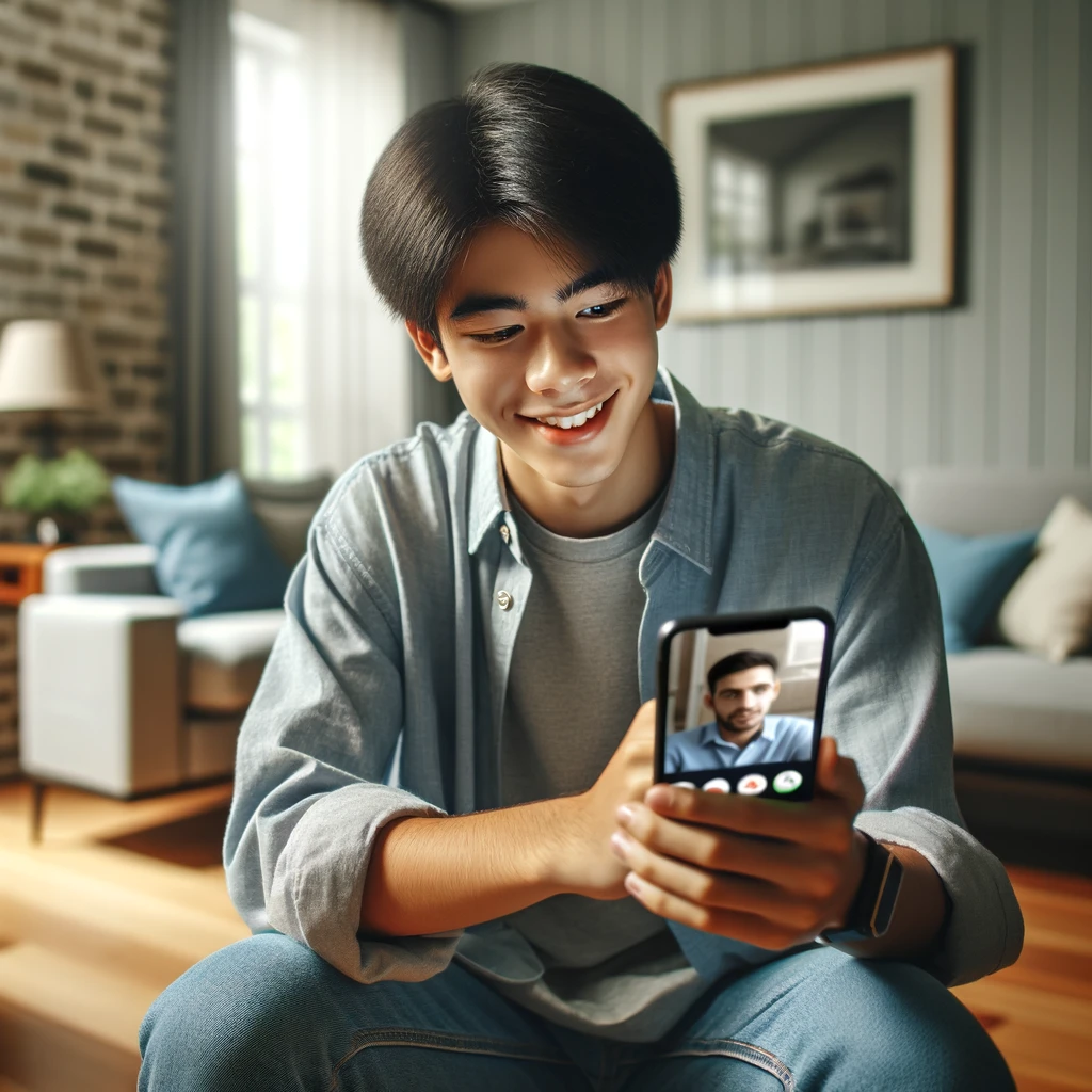 A realistic and impactful photograph of an Asian teenager using a smart device to communicate with friends. The scene includes a modern living room with a comfortable setting. The teenager is smiling and engaged in a video call or messaging.