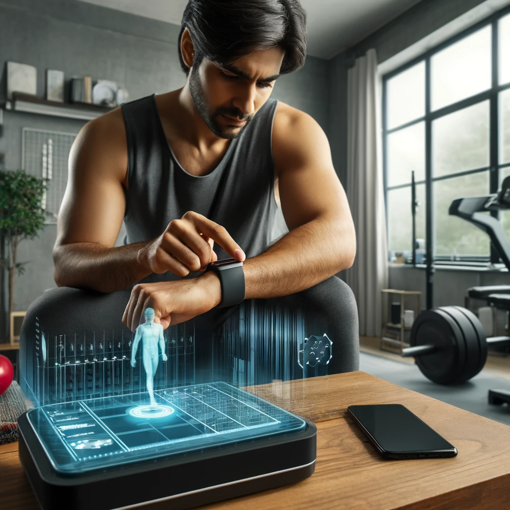 A realistic and impactful photograph of an Indian man using a fitness tracker and a smart device to monitor his health. The scene includes a modern home gym setting with exercise equipment. The man appears focused and healthy.