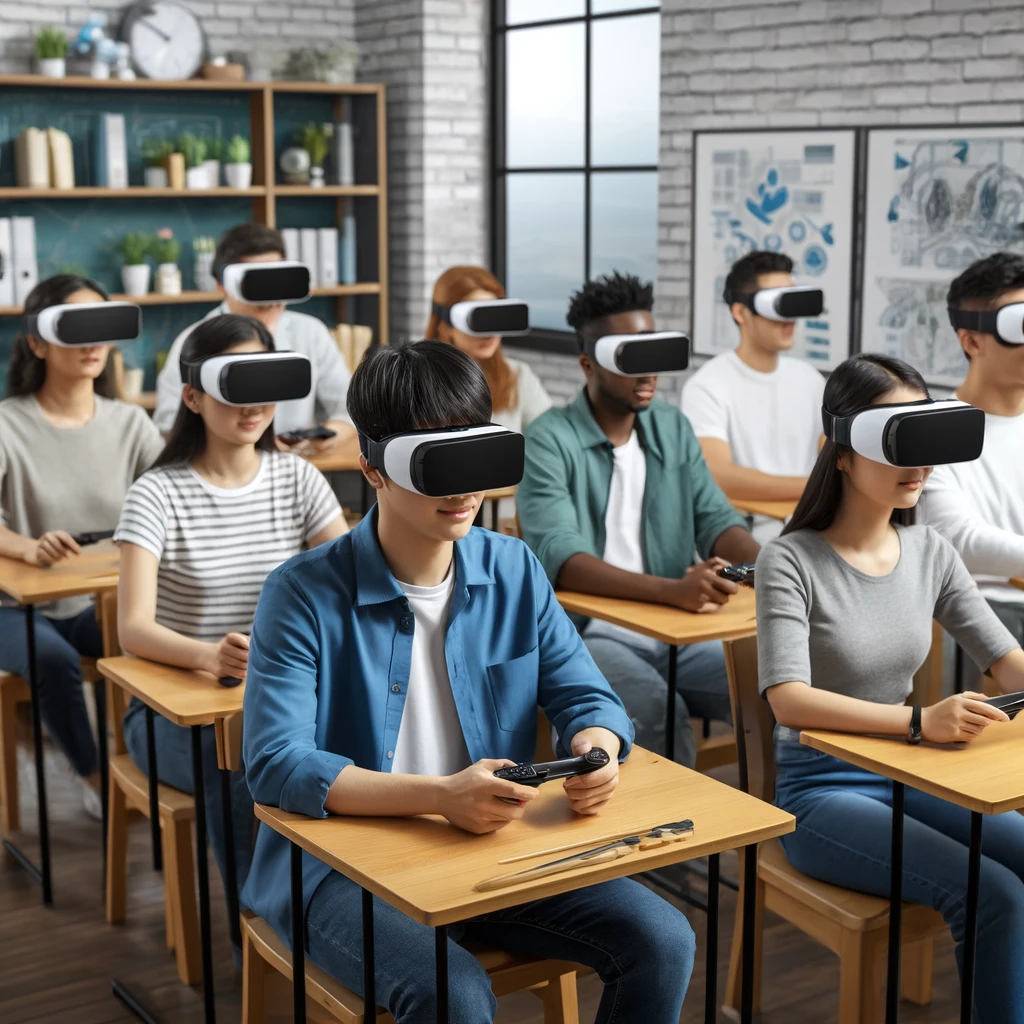 A diverse group of students in a classroom setting, wearing VR headsets and interacting with virtual objects or scenes. The classroom should look modern and equipped with advanced technology. Ethnicity of the characters: Asian.