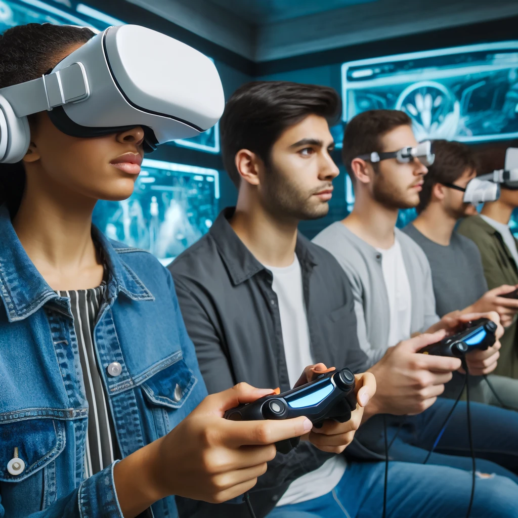 A diverse group of young adults playing an immersive VR game in a high-tech, futuristic gaming room. The players are wearing VR headsets and seem deeply engaged in the game. Ethnicity of the characters: Latino.