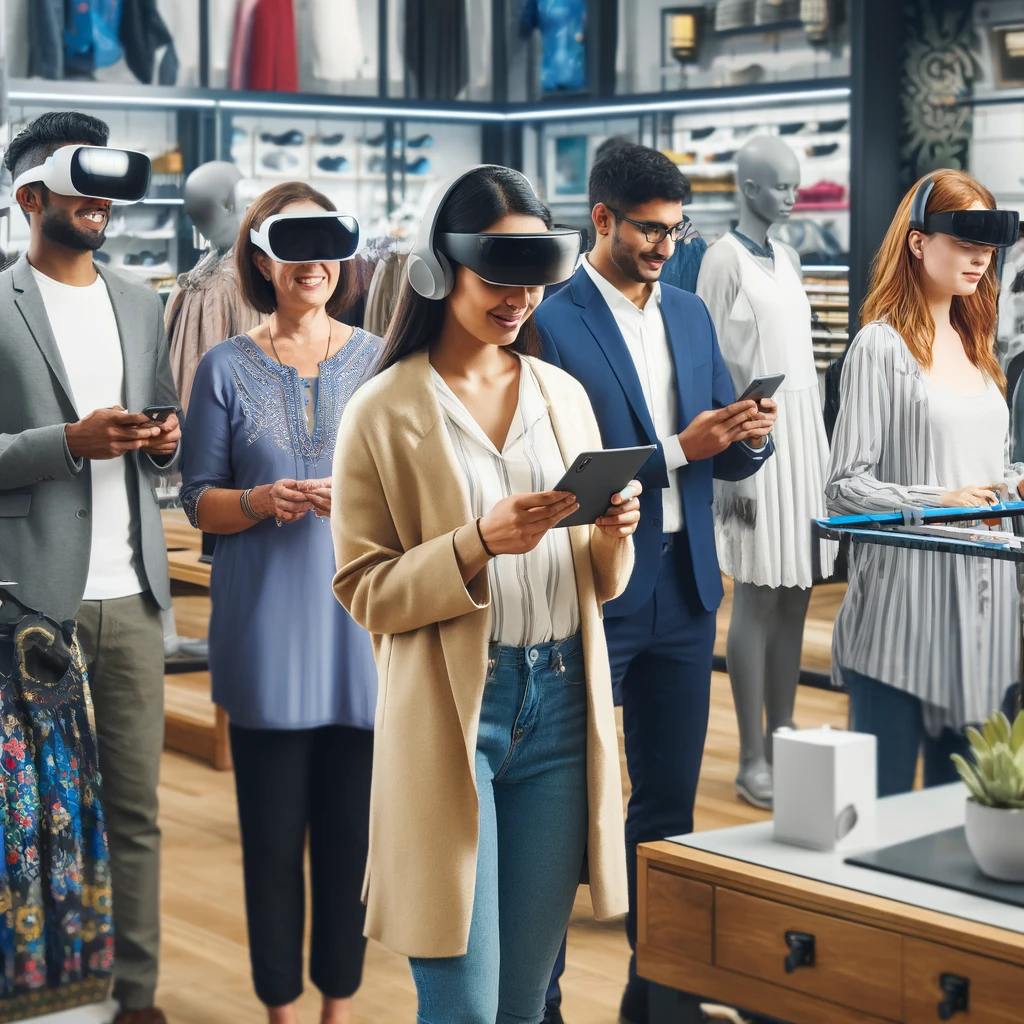 A diverse group of shoppers in a high-tech retail store, using AR devices to try on clothes and accessories virtually. The store should look modern and bustling with advanced technology. Ethnicity of the characters: Indian.