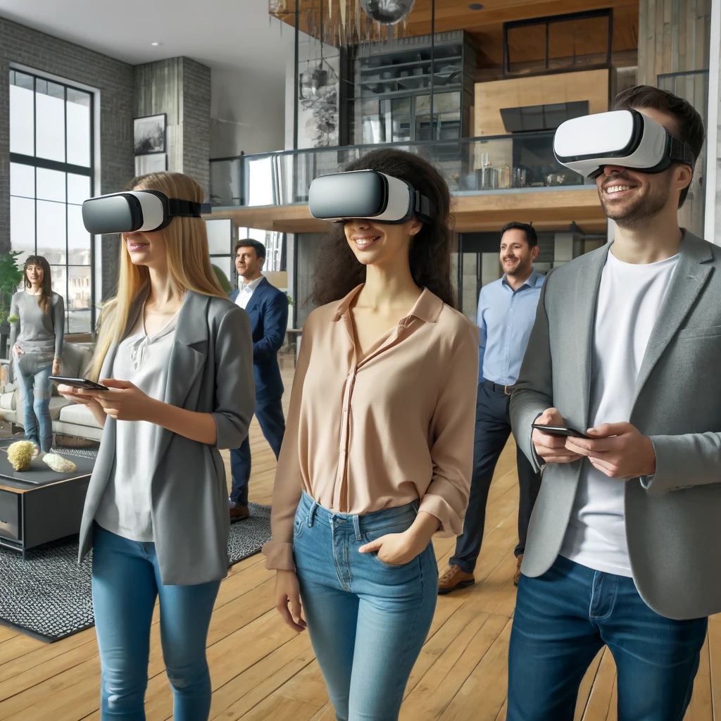 A diverse group of people touring a high-end, modern property using VR headsets. The setting should be a luxurious, spacious house with advanced technology. Ethnicity of the characters: Caucasian.
