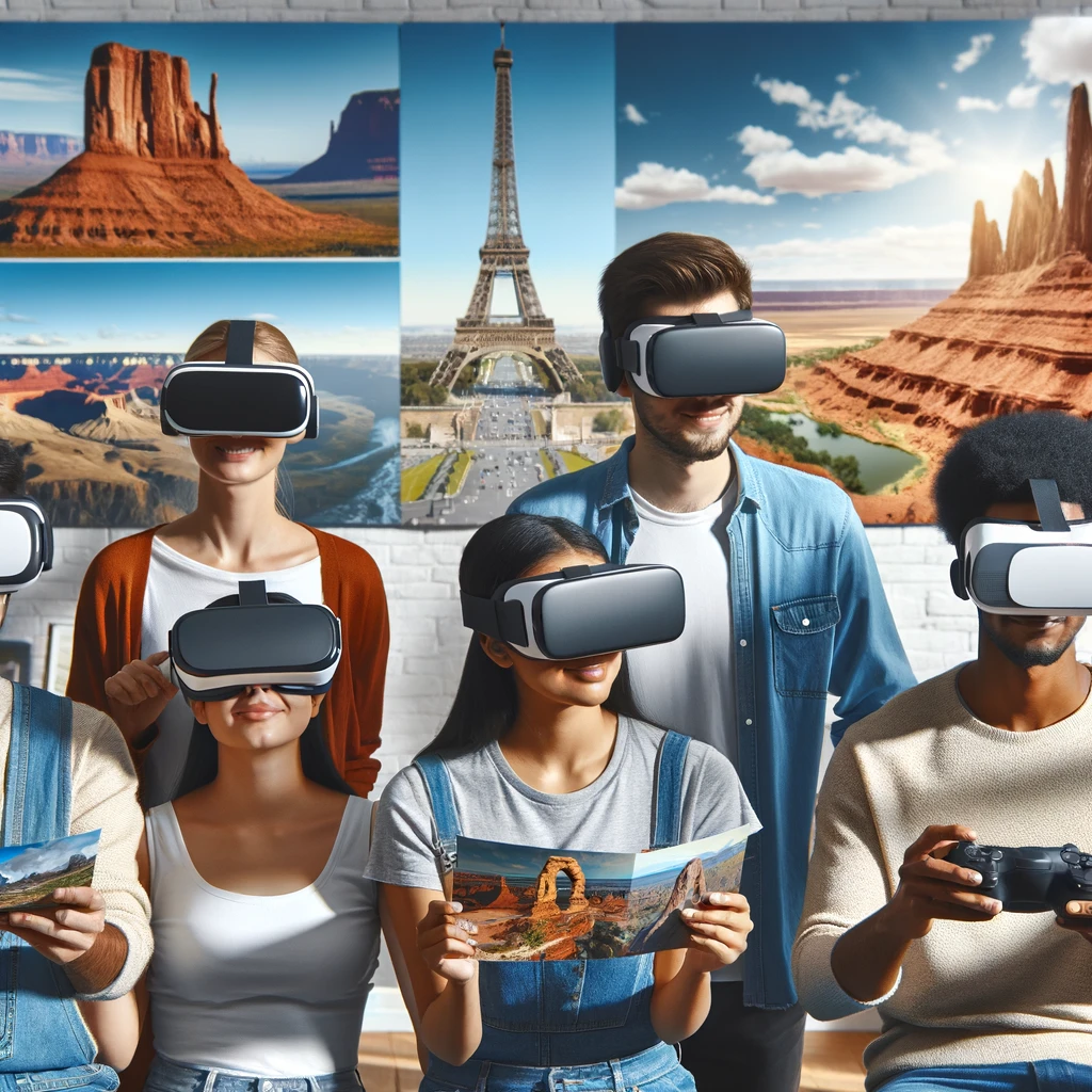 A diverse group of people using VR headsets to explore famous tourist destinations virtually, such as the Eiffel Tower or the Grand Canyon. The setting should look modern with advanced VR technology. Ethnicity of the characters: Latino.