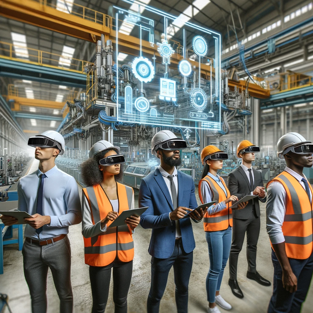 A diverse group of factory workers using AR devices to visualize and manage complex manufacturing processes in a modern industrial setting. The factory should look advanced and efficient with high-tech machinery. Ethnicity of the characters: African.