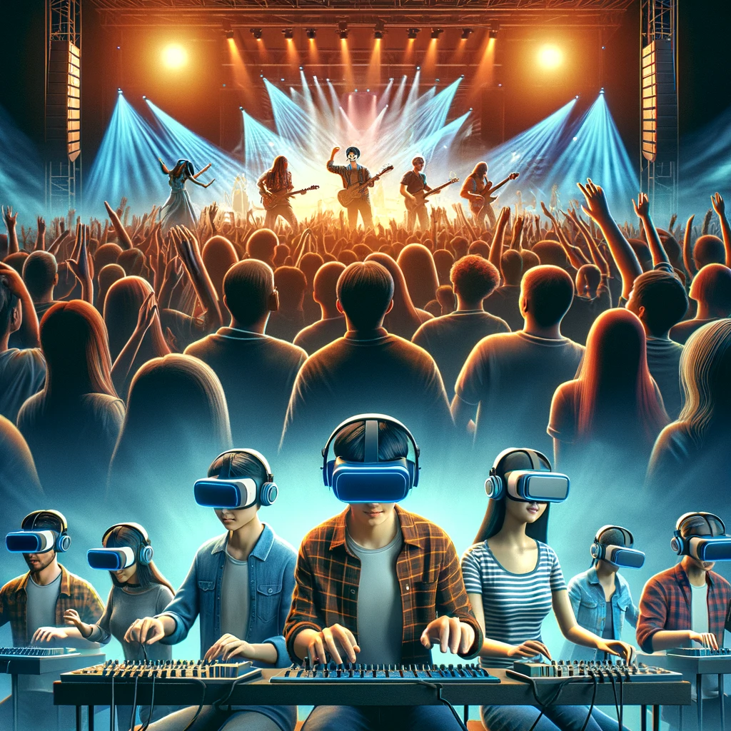A diverse group of people experiencing a live concert in VR. The scene should show them wearing VR headsets and interacting with the virtual concert environment, which looks highly realistic and dynamic. Ethnicity of the characters: Asian.