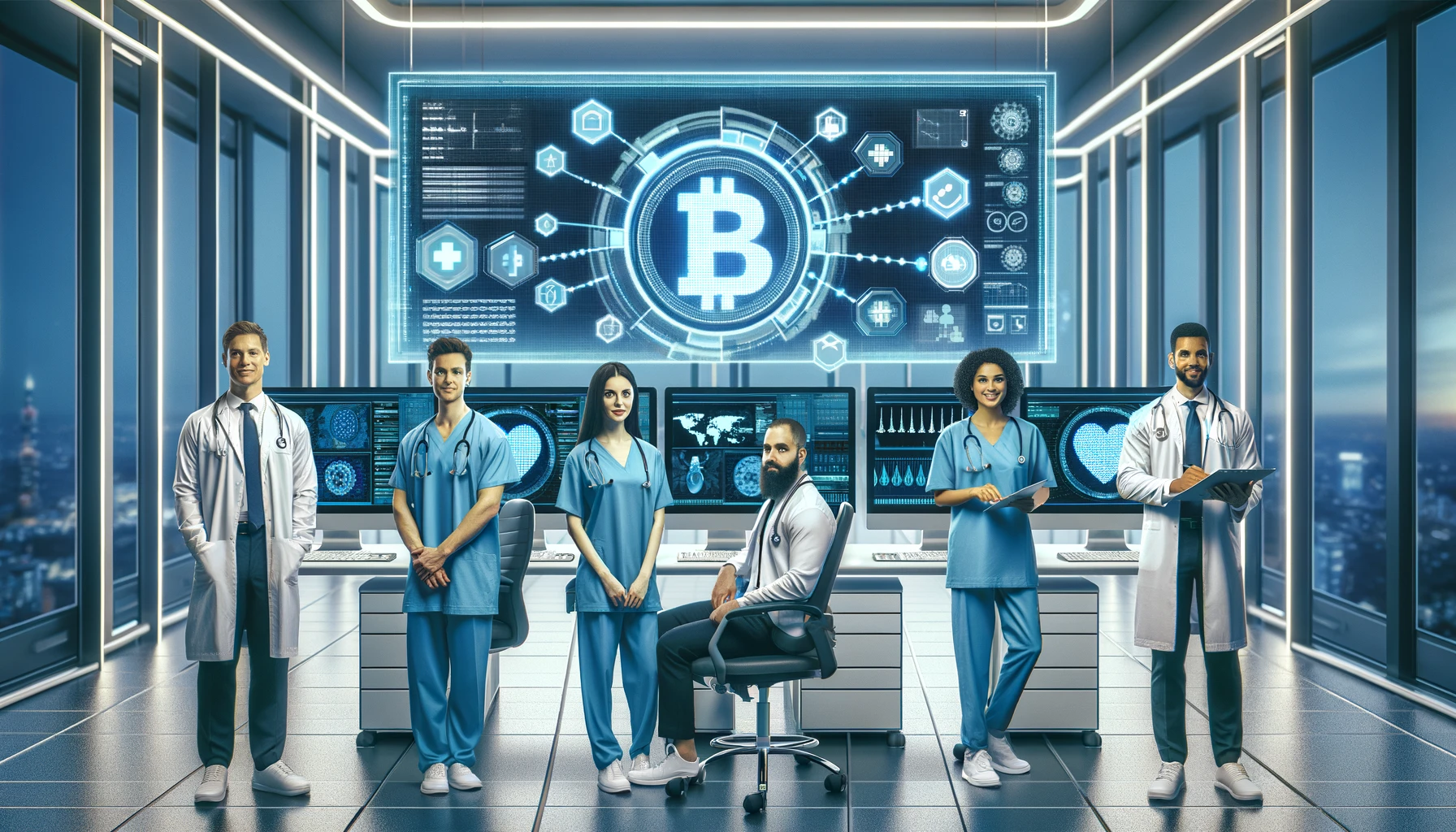 Uma clínica médica moderna com uma equipe diversificada de profissionais de saúde usando tecnologia blockchain para acessar registros médicos. A configuração é de alta tecnologia, com telas exibindo dados de pacientes e equipamentos médicos avançados. Um dos profissionais de saúde é caucasiano, outro é indiano e outro é latino. A imagem deve ser extremamente realista como uma fotografia.