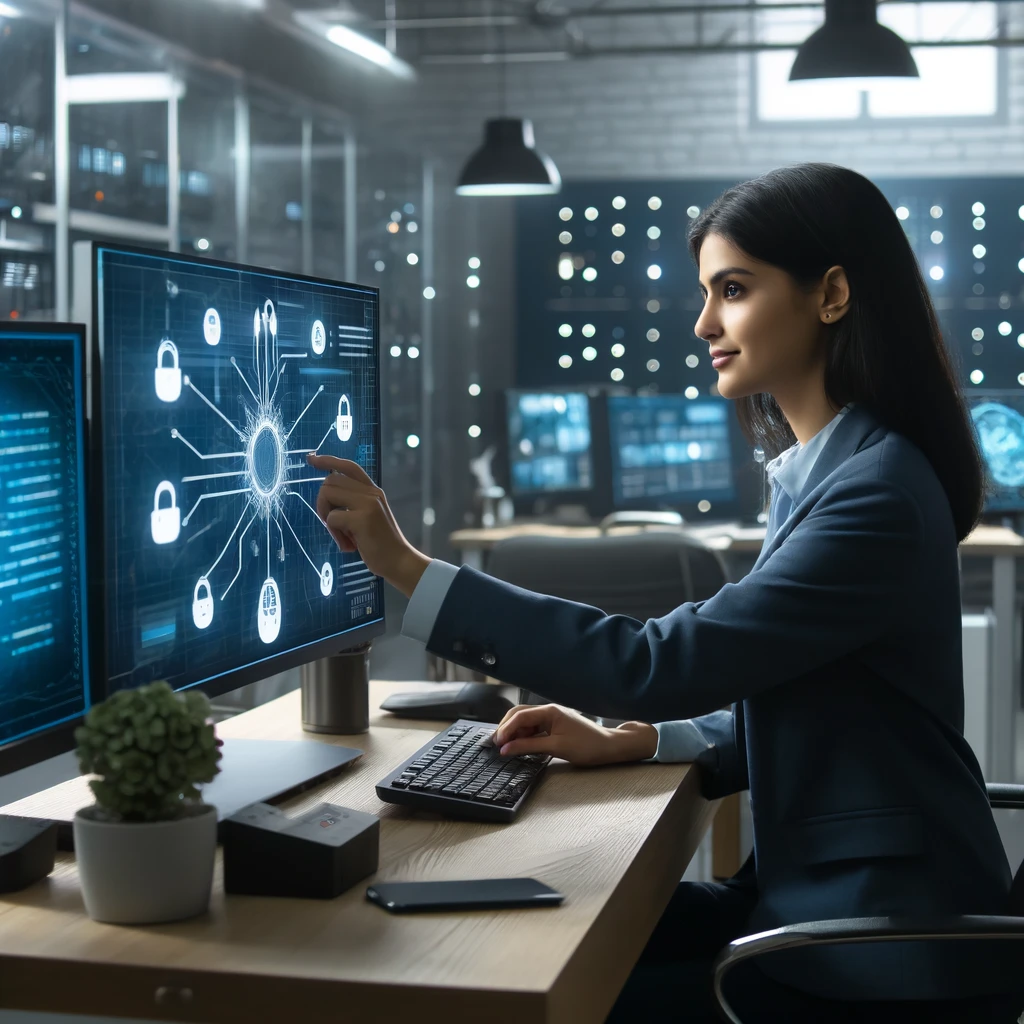 Uma fotografia realista mostrando uma profissional de cibersegurança indiana trabalhando em um ambiente de escritório moderno, configurando a segurança de dispositivos IoT. Ela está cercada por dispositivos tecnológicos e monitores exibindo gráficos de segurança.