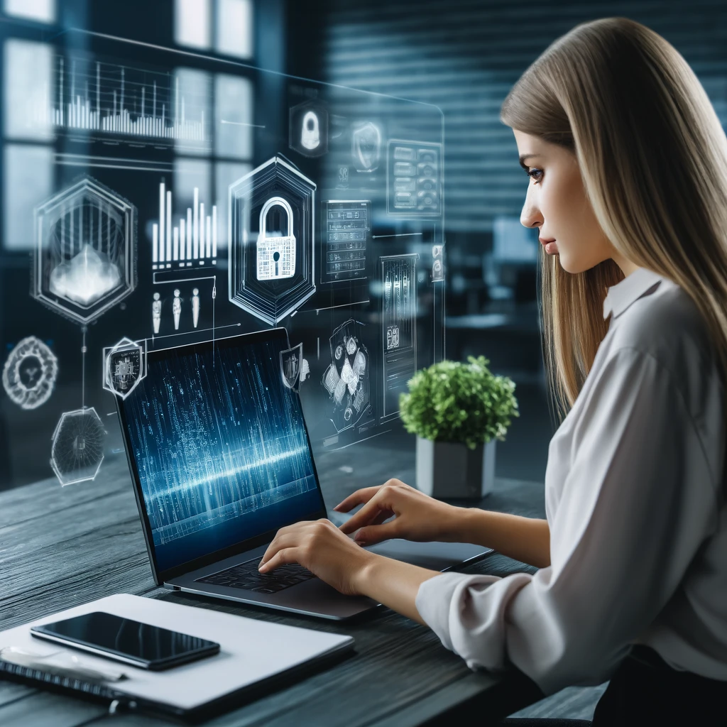 Uma fotografia realista mostrando uma profissional de cibersegurança latina, analisando dados em um laptop, com gráficos de segurança em uma tela grande ao fundo. O ambiente é um escritório moderno com elementos tecnológicos visíveis.