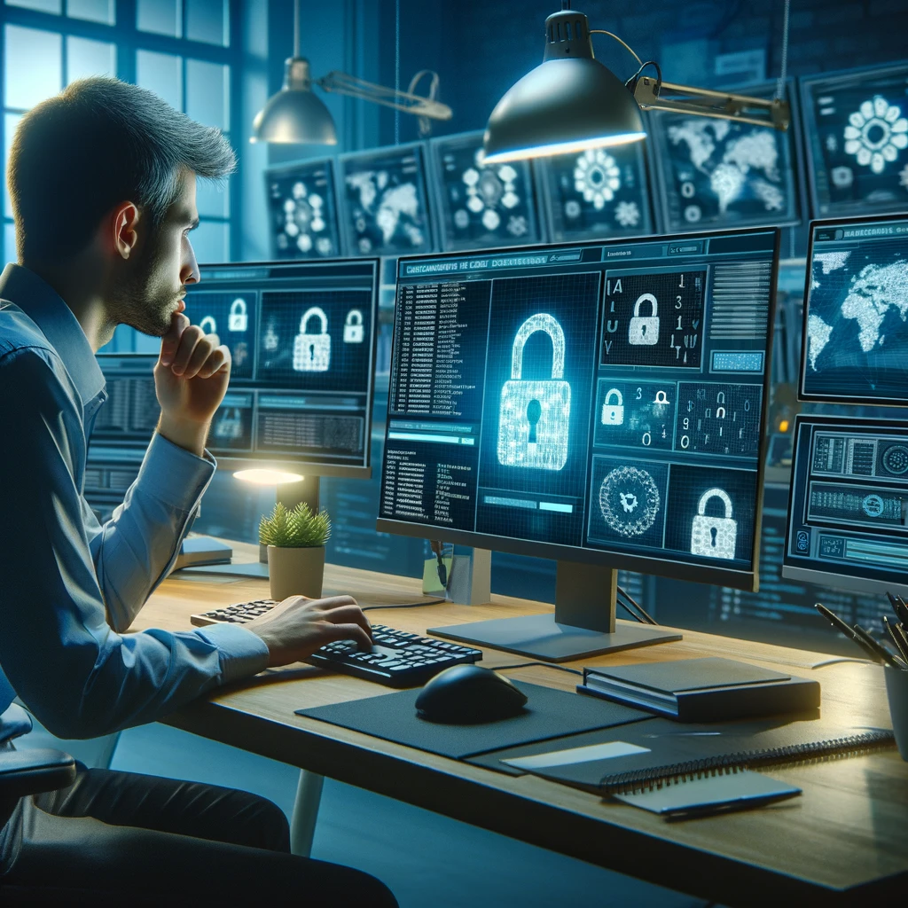 Uma fotografia realista mostrando um profissional de cibersegurança asiático trabalhando em um ambiente de escritório moderno, configurando criptografia em um computador. O ambiente é cheio de dispositivos tecnológicos e monitores exibindo gráficos de segurança.