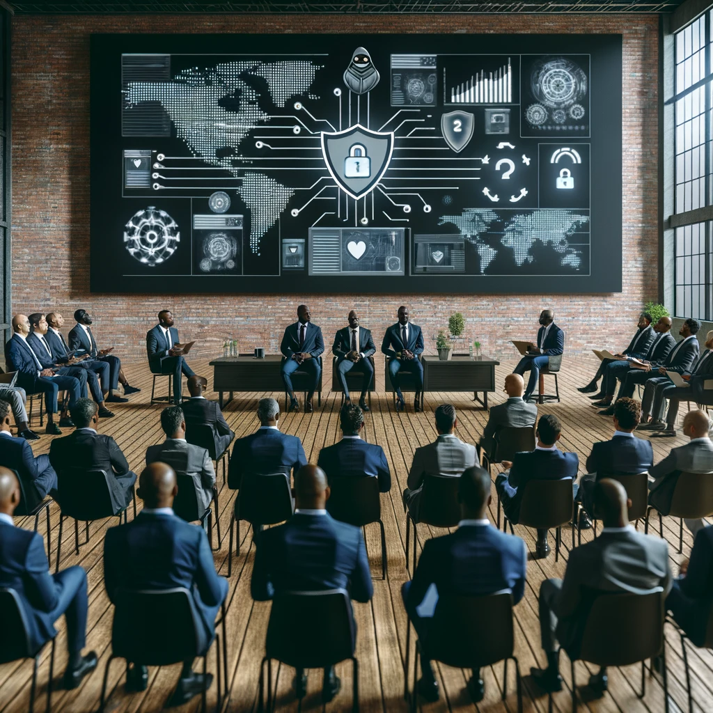 Uma fotografia realista mostrando um grupo de profissionais de cibersegurança africanos em uma sala de conferências, discutindo estratégias de segurança de dados e o conceito de Zero Trust. A sala está equipada com tecnologia moderna e telas mostrando gráficos de segurança.