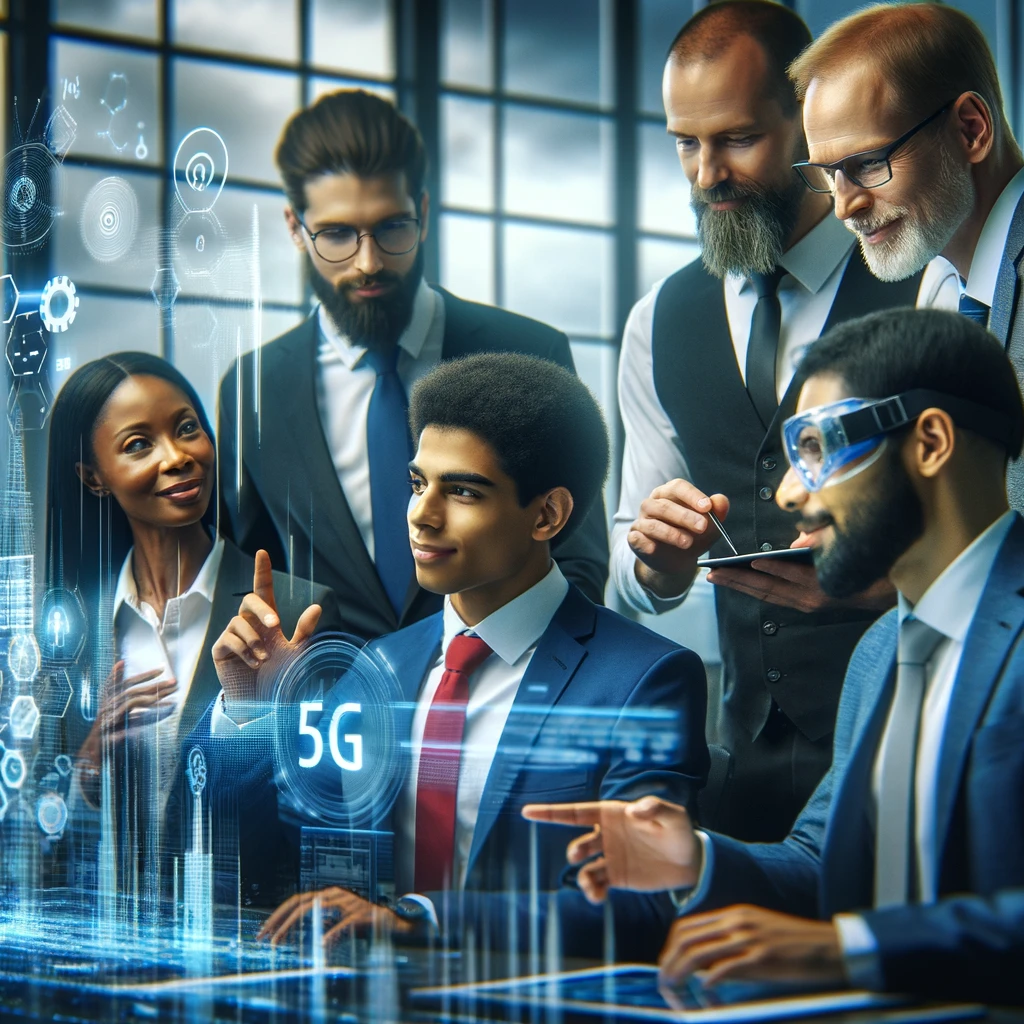 A group of diverse professionals, including Caucasian and African, collaborating in a high-tech lab on futuristic projects enabled by 5G technology. Realistic and impactful photograph.