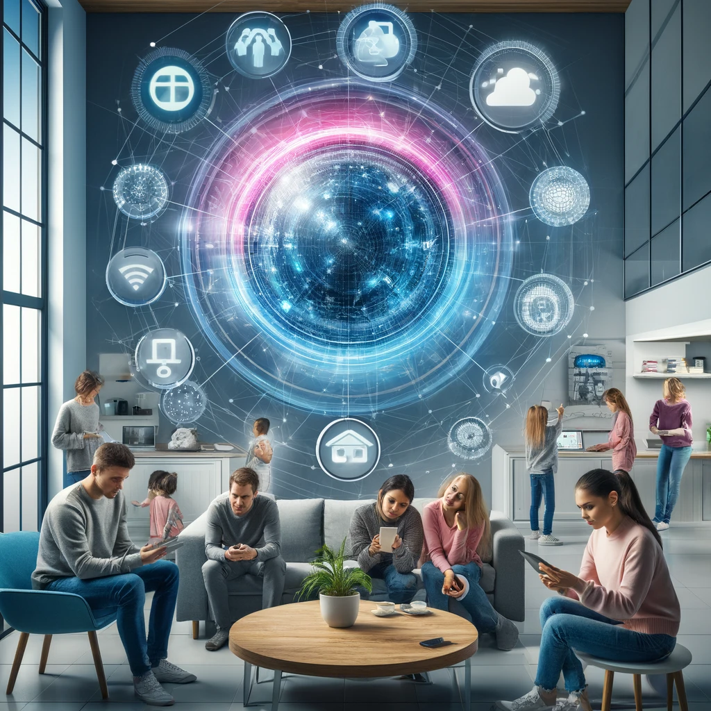 A futuristic smart home with diverse people, including Latino and Caucasian, using various IoT devices seamlessly connected through 5G technology. Realistic and impactful photograph.