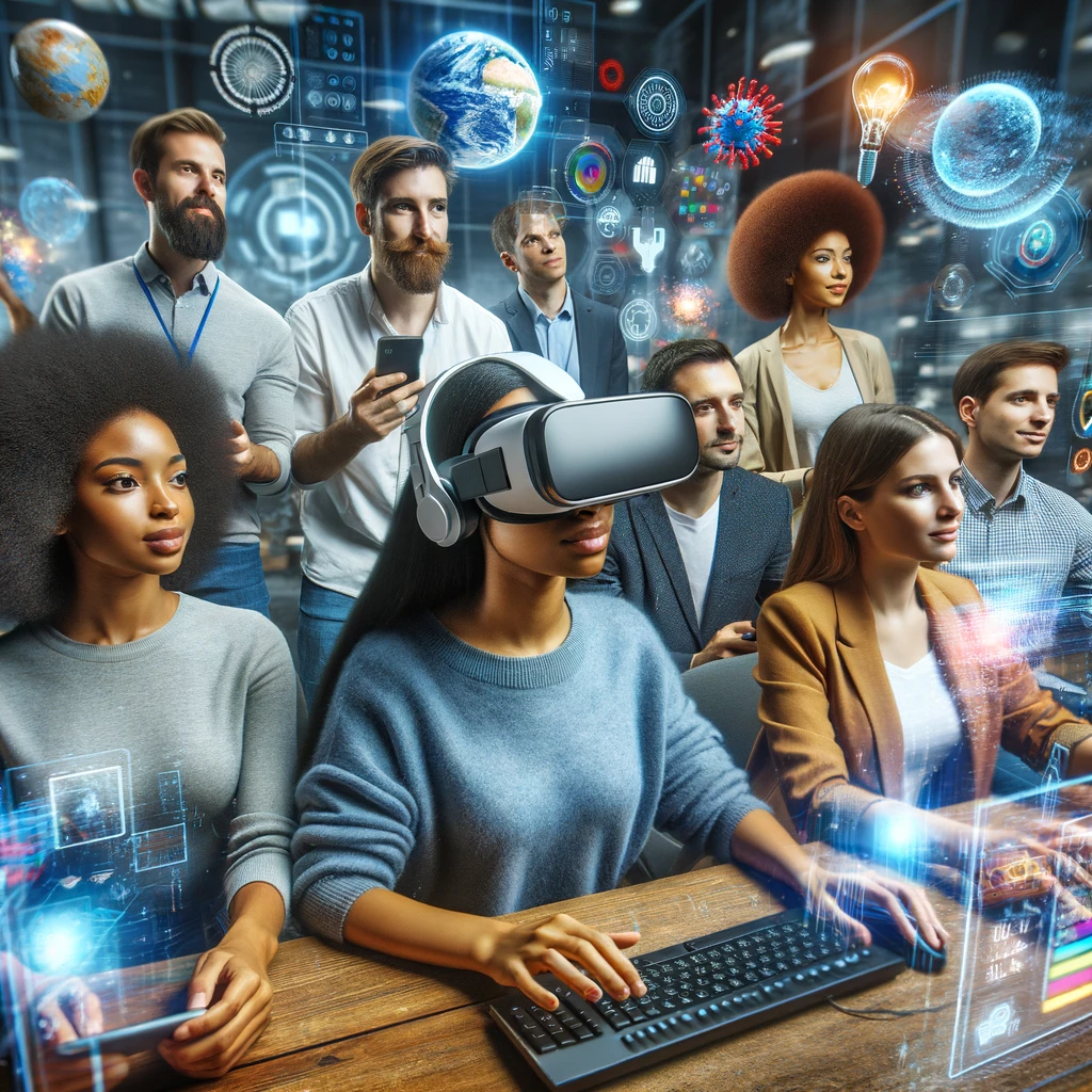 A group of diverse people, including African and Latino, interacting with ultra-low latency applications like virtual reality games and real-time video conferencing in a modern tech environment. Realistic and impactful photograph.