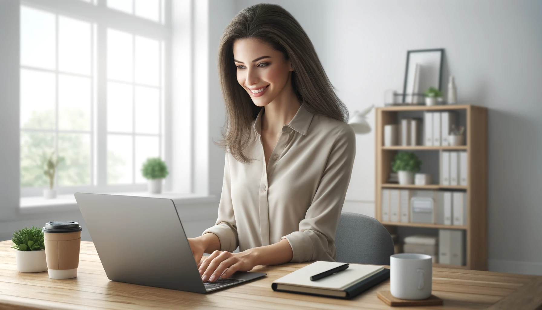 A realistic photograph of a woman working on a laptop in a bright, modern home office. The woman is smiling and looks engaged in her work. The background features a tidy desk with a notebook, coffee cup, and a plant, with a large window letting in natural light.