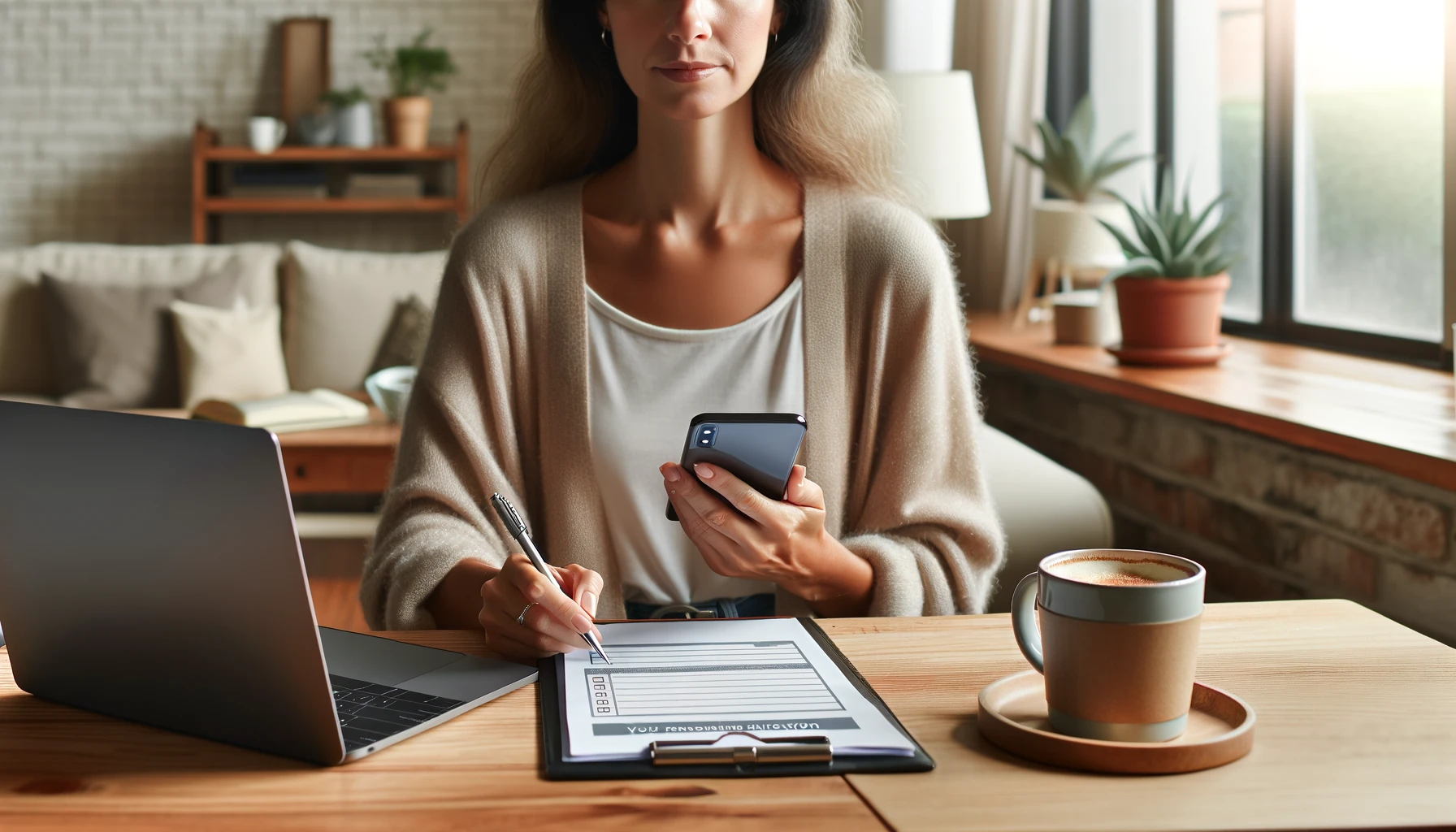 A realistic photograph of a woman sitting at a table with a laptop and a smartphone, filling out an online survey. The background includes a cozy home setting with a cup of coffee, a plant, and a notebook. The woman appears focused and engaged in the task.
