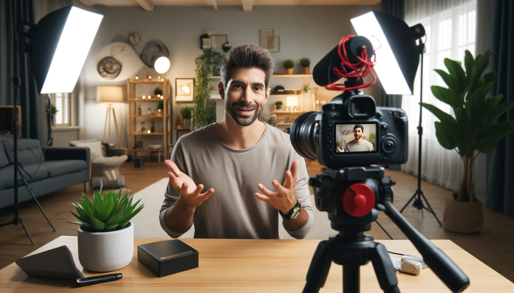A realistic photograph of a man recording a video with a camera in a home studio. The man is speaking energetically and gesturing with his hands. The background includes professional lighting equipment, a microphone, and a tidy, modern setup with plants and decor.