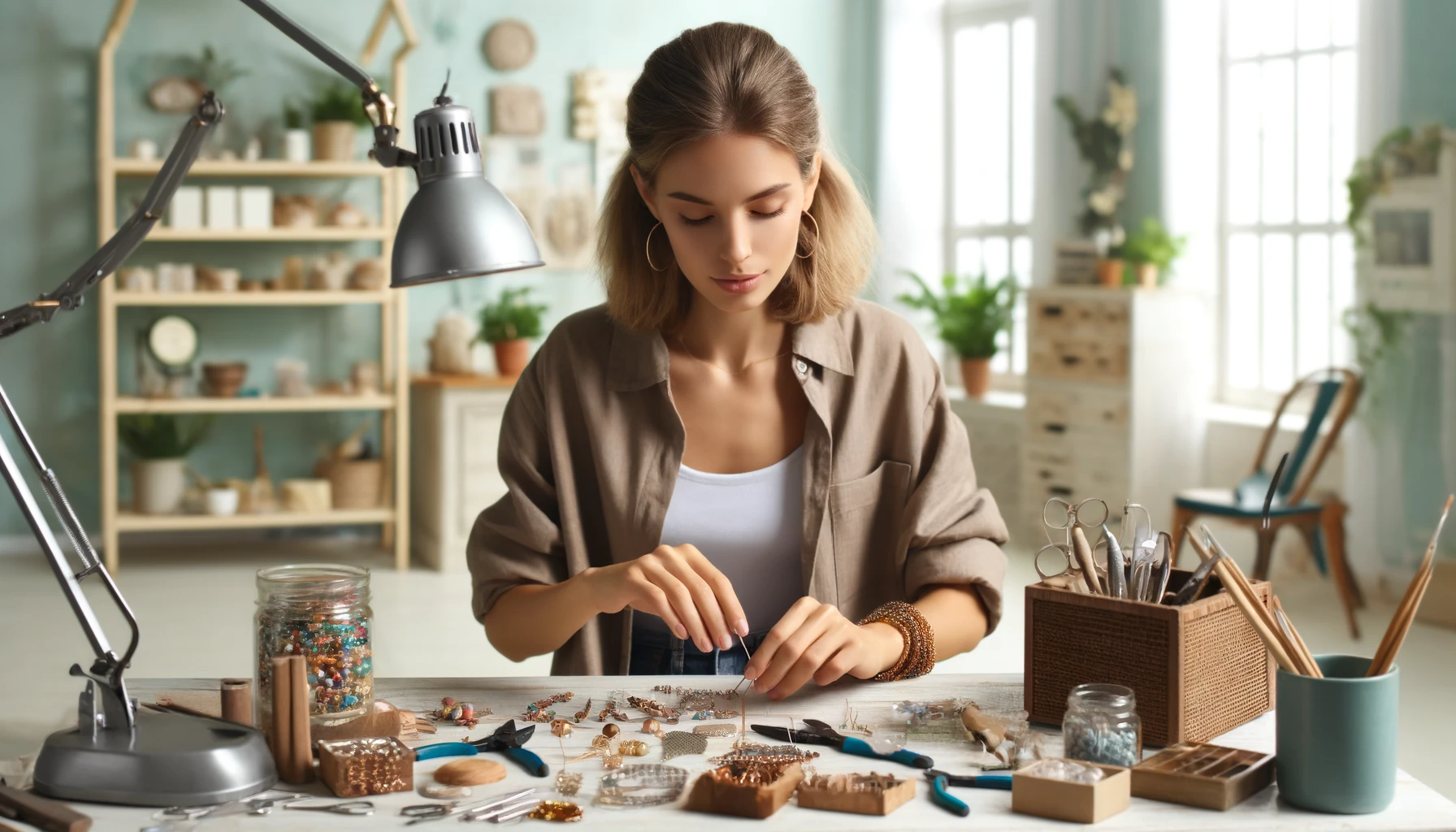 A realistic photograph of a woman creating handmade jewelry at a craft table. The woman is focused, with tools and materials like beads, wires, and pliers spread out on the table. The background includes a bright and tidy workspace with decorative elements and plants.