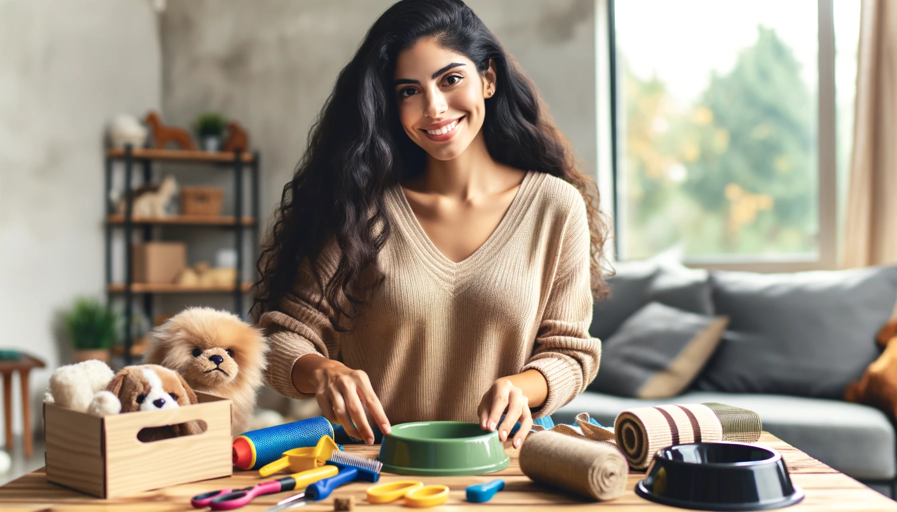 A realistic photograph of a Latina woman preparing pet supplies at home. The setting includes various pet-related items like food bowls, toys, and grooming tools on a table. The woman is smiling and organizing the supplies, creating a warm and inviting atmosphere.