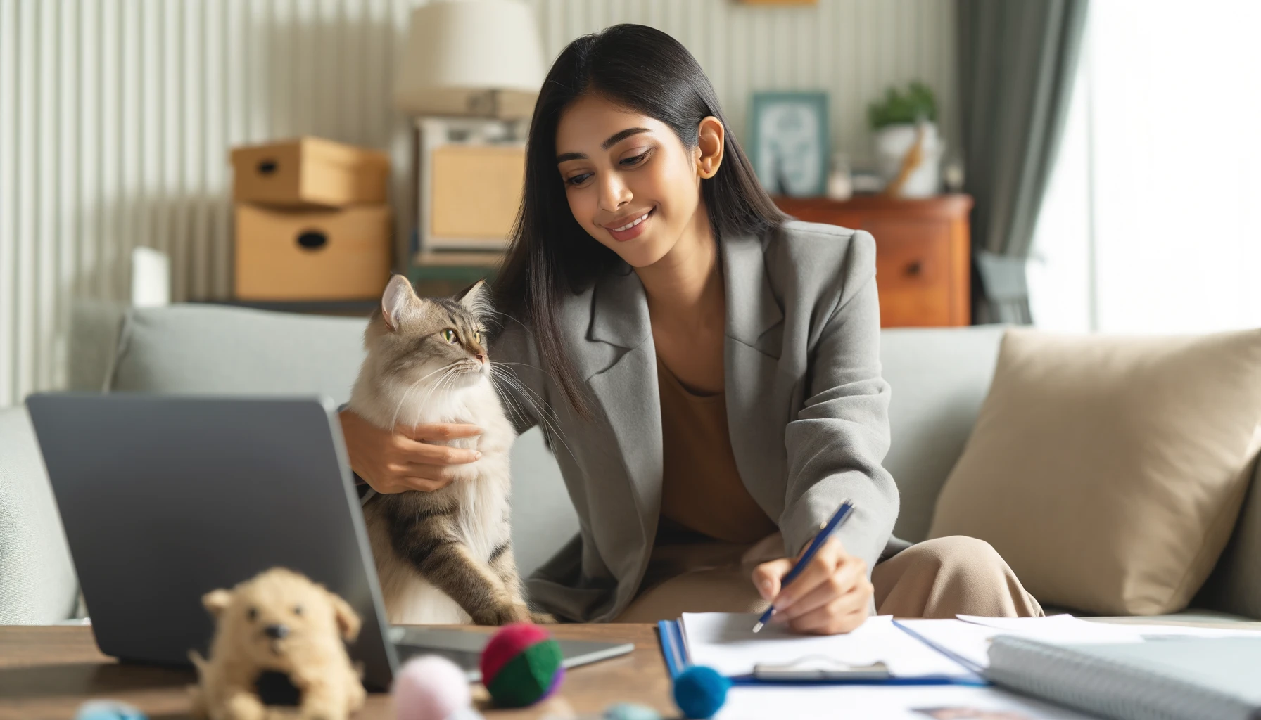 A realistic photograph of a South Asian woman interacting with a cat while writing notes. The setting is a cozy home office with a desk, laptop, and pet toys. The woman is smiling and focusing on the cat, creating a warm and professional atmosphere.