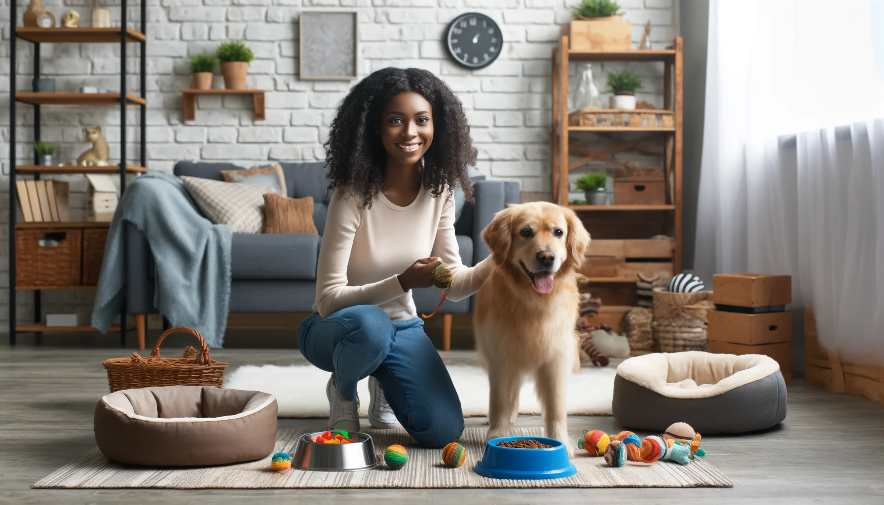 A realistic photograph of a black woman taking care of a dog at home. The setting includes a cozy living room with pet toys, a dog bed, and food bowls. The woman is smiling and playing with the dog, creating a warm and friendly atmosphere.