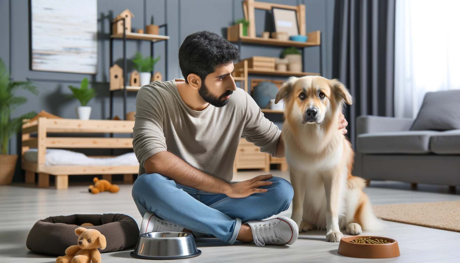 A realistic photograph of a Middle Eastern man taking care of a dog in a home setting. The dog looks anxious and the man is gently comforting it. The room includes pet toys, a bed, and food bowls. The atmosphere is caring and supportive.