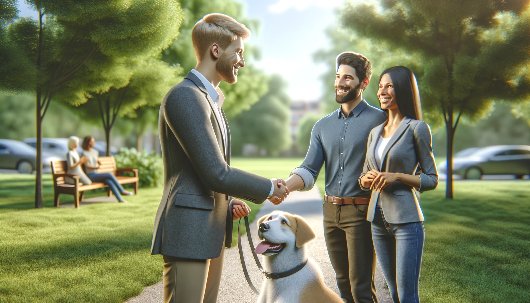 A realistic photograph of a Caucasian man meeting with a client and their dog in a park. The setting includes a green, open space with trees in the background. The man and client are shaking hands and smiling, while the dog looks happy and excited. The atmosphere is friendly and professional.