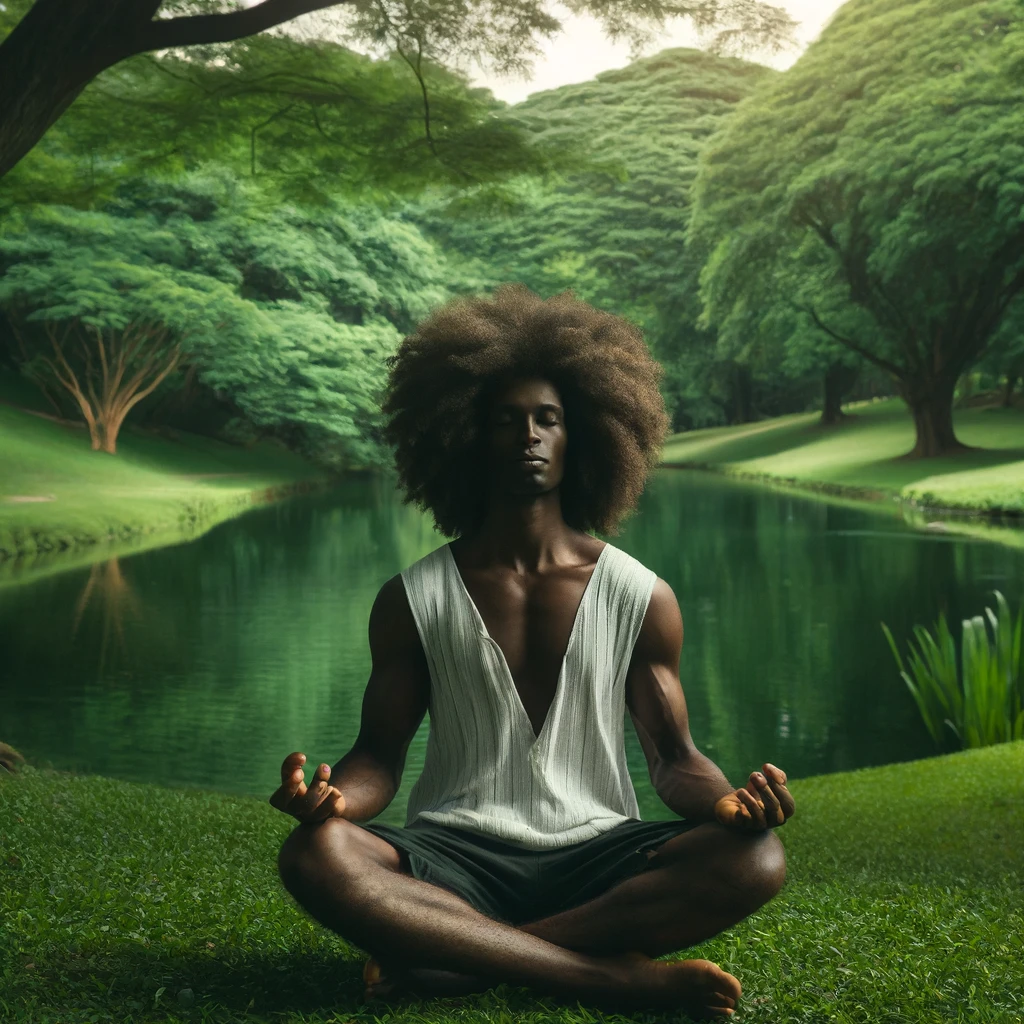 Uma pessoa de etnia africana meditando em um parque tranquilo, demonstrando autocontrole emocional. O cenário é verdejante e sereno, com árvores e um lago ao fundo. A imagem é realista e impactante, capturando um momento de paz e concentração.