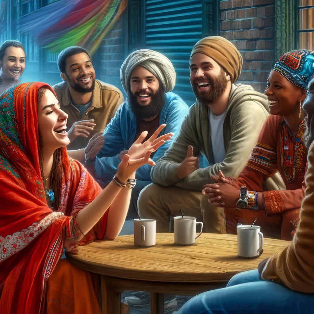 Uma pessoa de etnia indiana conversando animadamente com um grupo diverso de amigos em um café ao ar livre, demonstrando habilidades sociais. O cenário é vibrante e acolhedor, com elementos que indicam interação e amizade, como risadas e gestos expressivos. A imagem é realista e impactante, capturando a essência das habilidades sociais.
