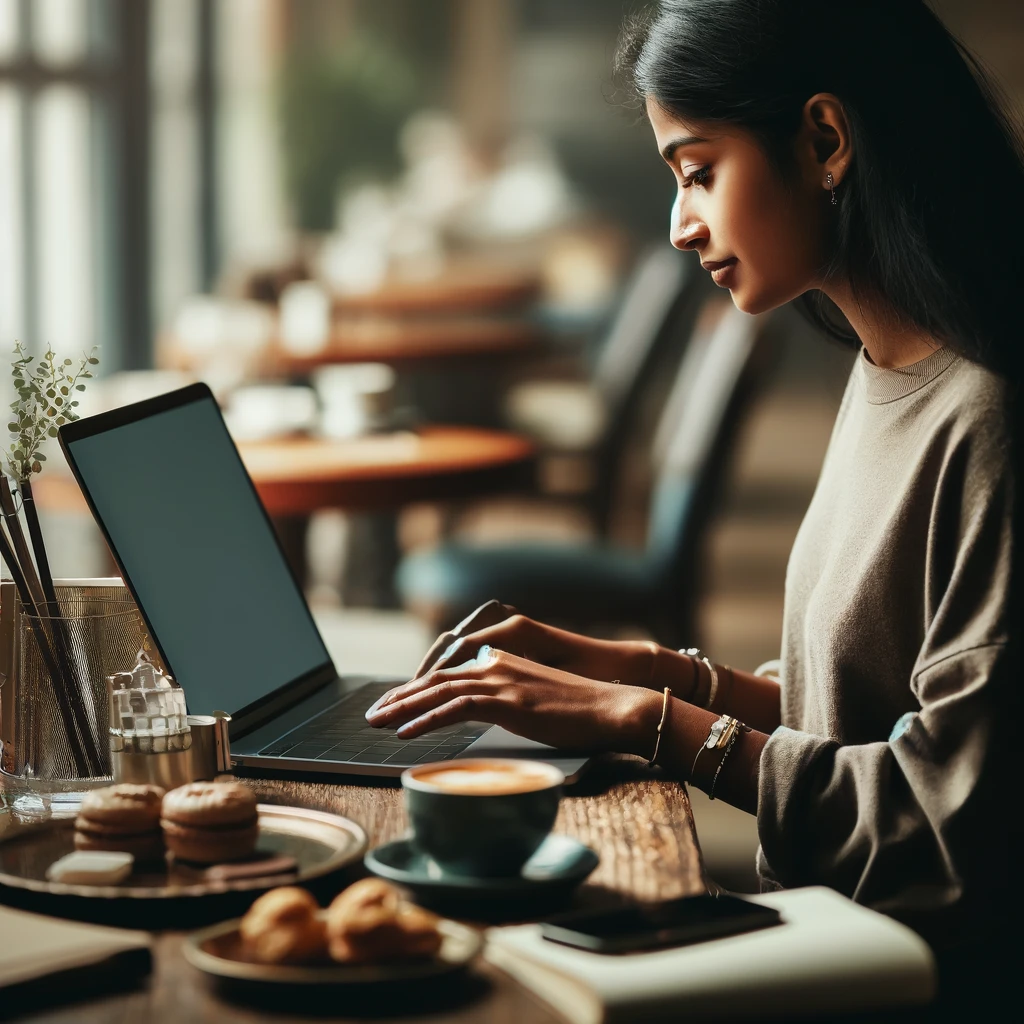 Uma fotografia realista mostrando uma pessoa indiana usando um laptop em uma mesa de café, com a Roda das Emoções aberta na tela. A pessoa está focada e digitando, cercada por uma xícara de café e cadernos. O ambiente é acolhedor e convidativo.