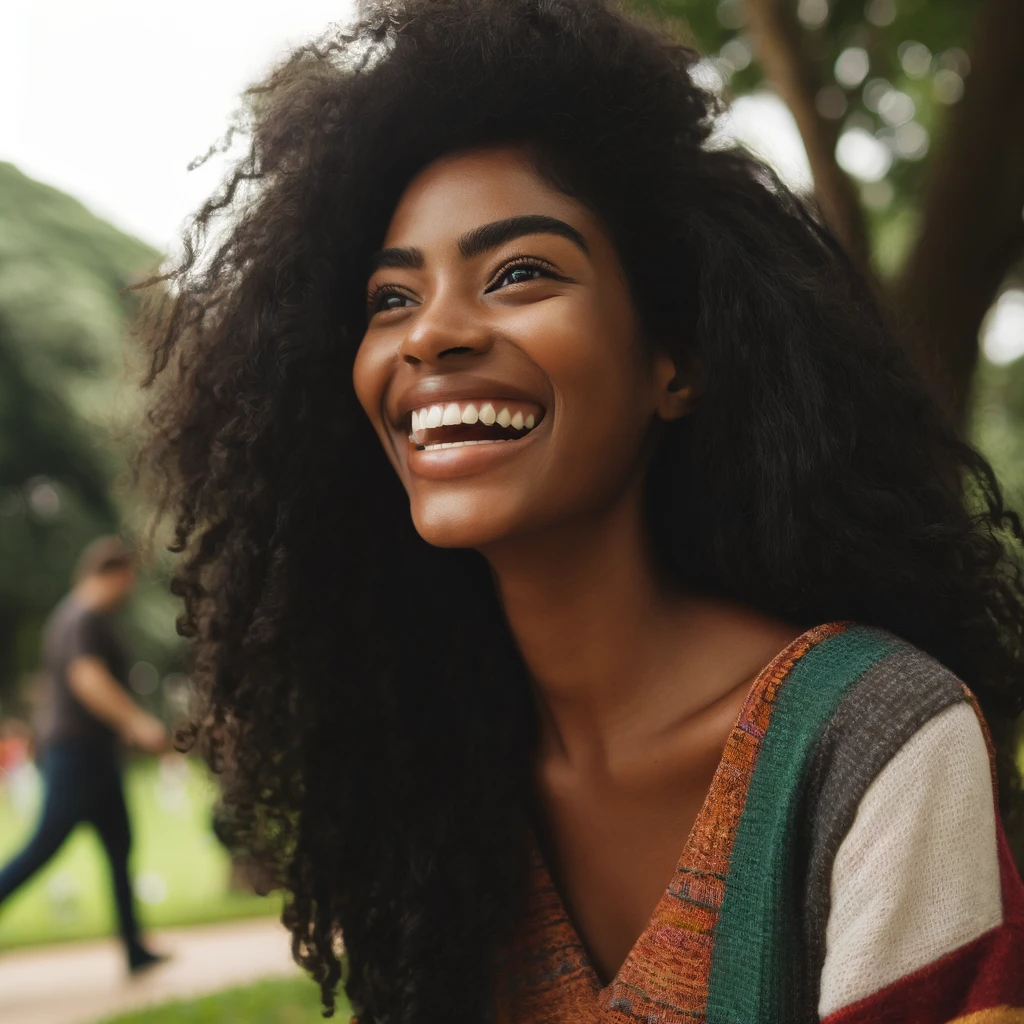 Uma fotografia realista mostrando uma pessoa africana em um parque, sorrindo e interagindo com outras pessoas. A pessoa parece estar em um momento de reflexão e felicidade, representando a importância de compreender as emoções para a saúde mental e relações pessoais.