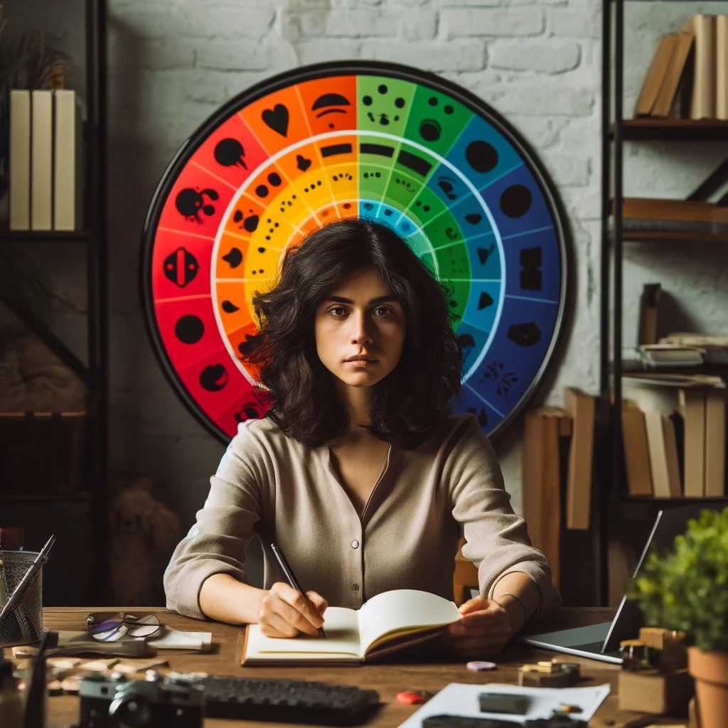 Uma fotografia realista mostrando uma pessoa latina em um ambiente de escritório, utilizando uma roda das emoções impressa enquanto reflete sobre suas emoções. A pessoa está concentrada e séria, com a roda das emoções colorida destacada na imagem. Livros e objetos de escritório ao redor completam o ambiente.