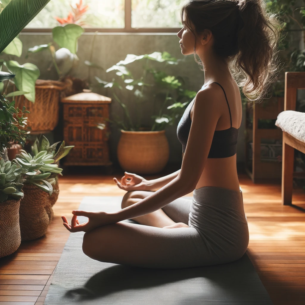 Uma fotografia realista mostrando uma pessoa caucasiana em casa, meditando com uma roda das emoções ao lado. A pessoa está sentada em um tapete de ioga, cercada por plantas e luz natural, em um momento de introspecção e autoconhecimento.