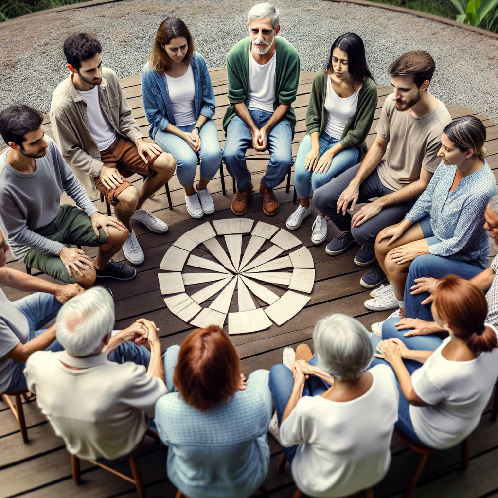 Uma fotografia realista mostrando um grupo de pessoas de diferentes etnias em um círculo, participando de uma sessão de terapia em grupo ao ar livre. A expressão das pessoas é de apoio e compreensão, refletindo a transformação das relações através da compreensão emocional.