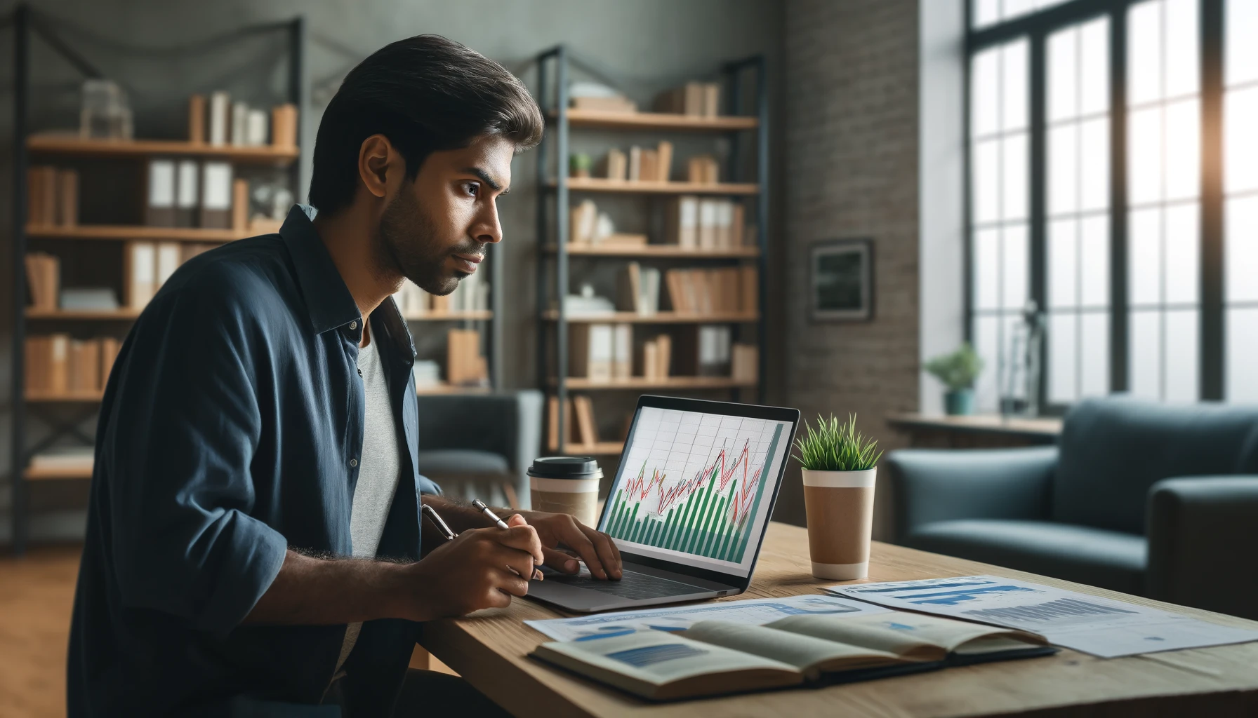 A realistic and impactful photograph of an Indian ethnicity person sitting at a desk, studying investment charts and graphs on a laptop and paper. The setting is a modern office with bookshelves, a coffee cup, and a notepad on the desk. The person looks focused and engaged in learning about investments.