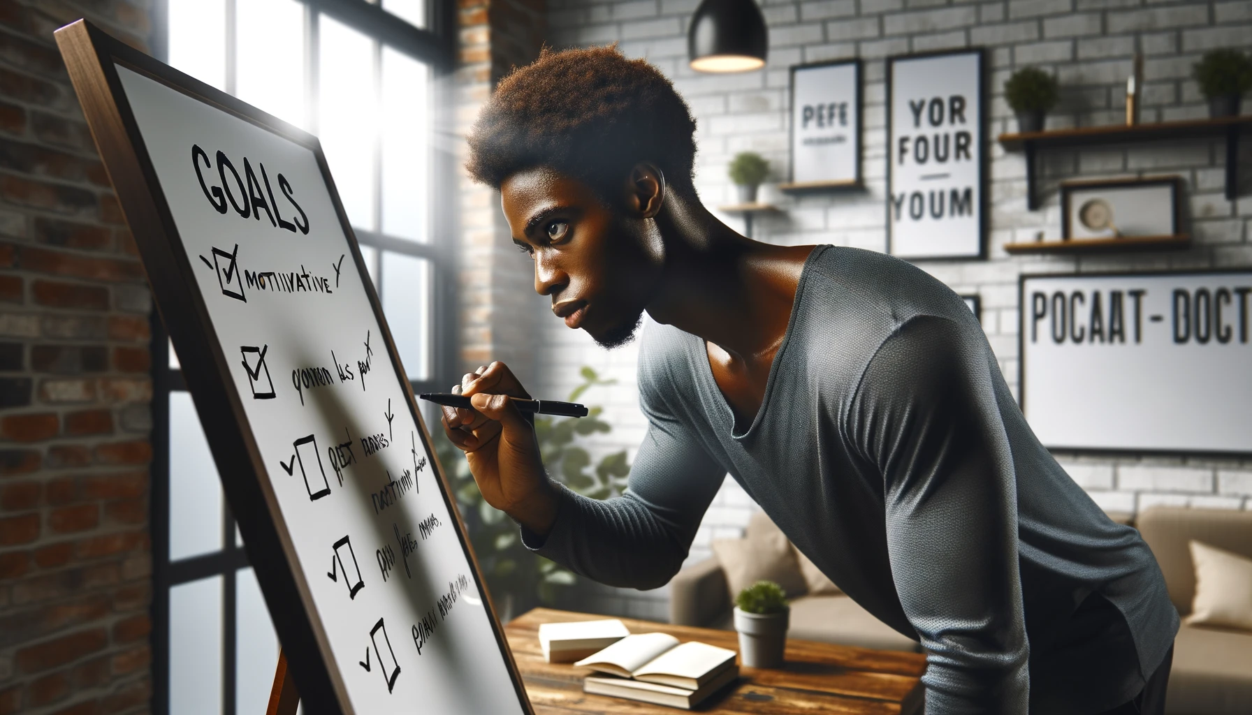 A realistic and impactful photograph of an African ethnicity person writing goals and plans on a whiteboard. The setting is a modern office with motivational posters and bookshelves in the background. The person appears focused and determined, with a look of concentration.