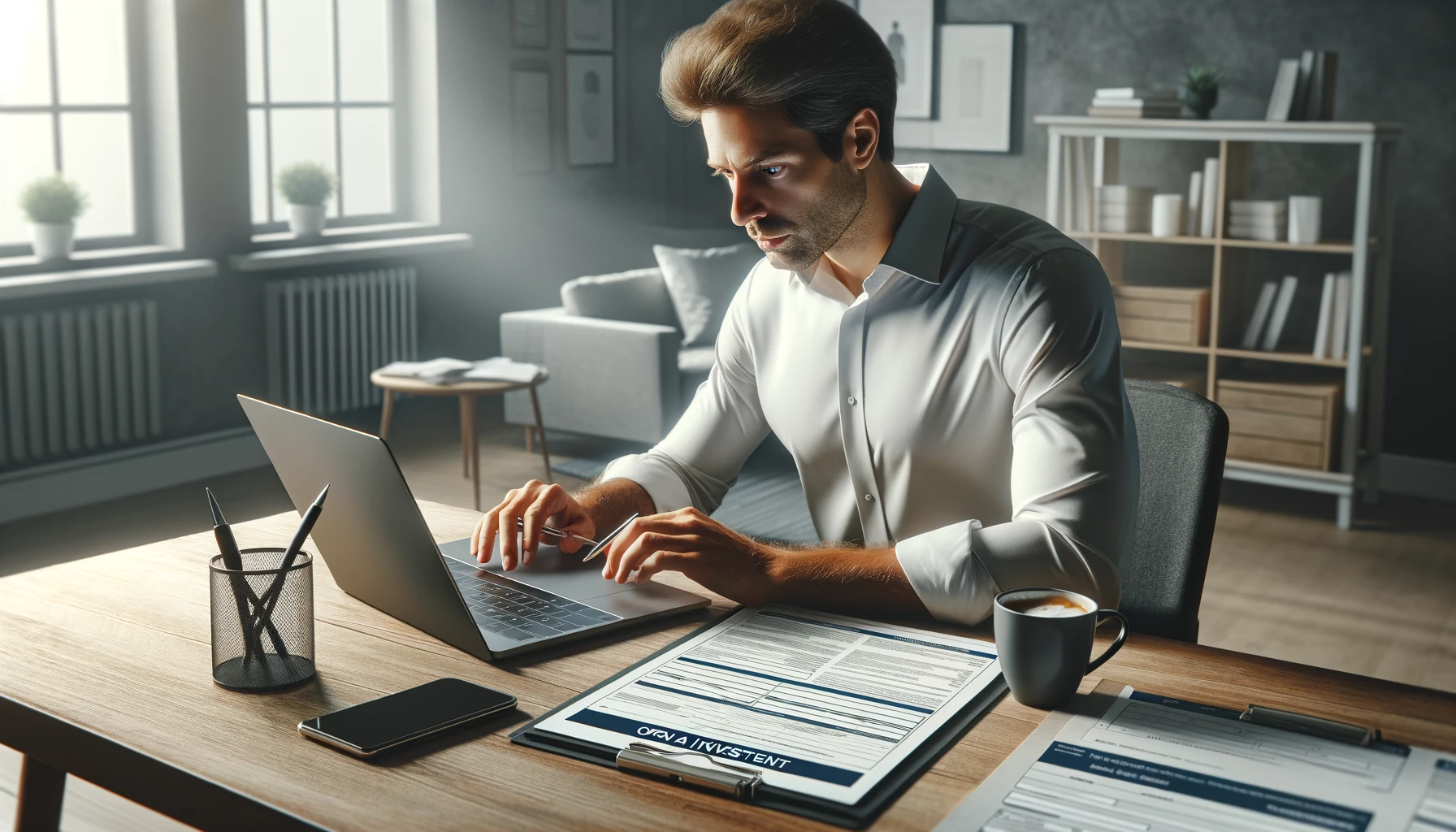 A realistic and impactful photograph of a Caucasian person sitting at a desk, opening a laptop and filling out forms to open an investment account. The setting is a modern home office with a clean and organized environment, including a cup of coffee, some papers, and a pen on the desk. The person looks focused and determined.