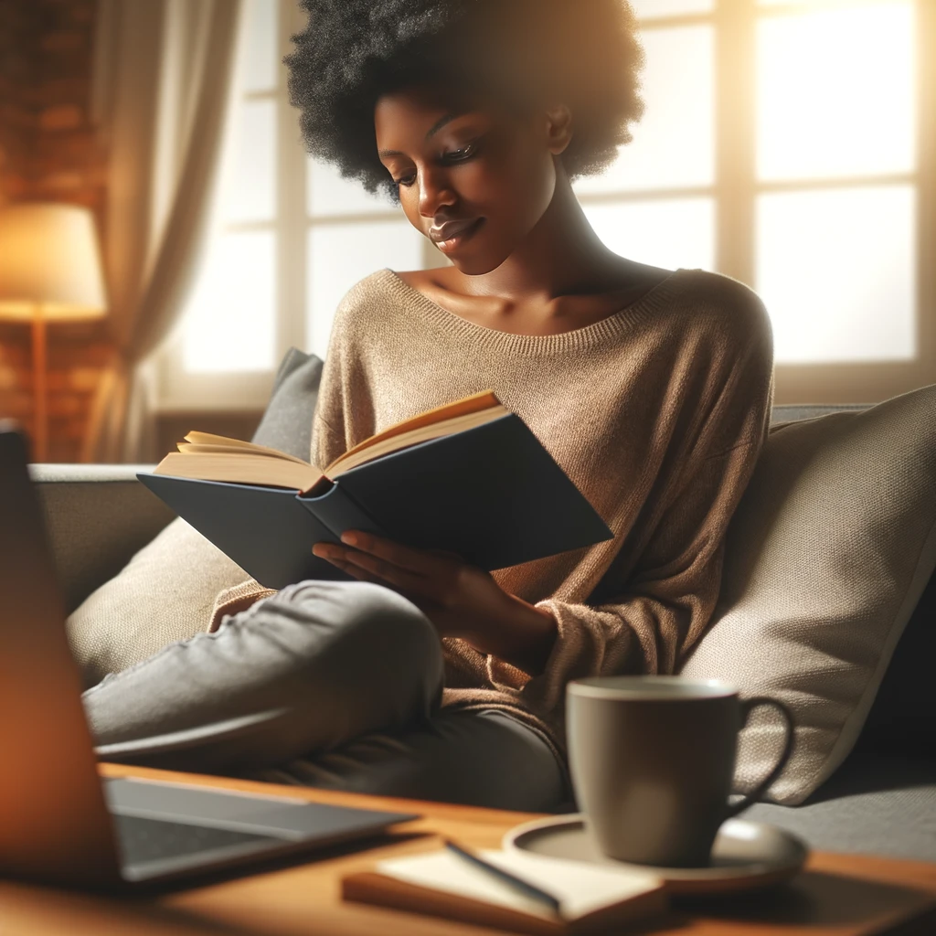 A realistic, impactful photograph of a person relaxing at home, reading a book, with a laptop and a cup of coffee on the table nearby. The person is of African ethnicity, enjoying a calm and peaceful moment. The setting is a cozy living room with warm lighting.
