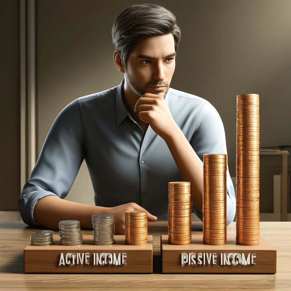 A realistic, impactful photograph of a person at a desk with two stacks of coins, one representing active income and the other passive income. The person is of Latin ethnicity, thoughtfully comparing the two stacks. The setting is a modern office with a neutral background.
