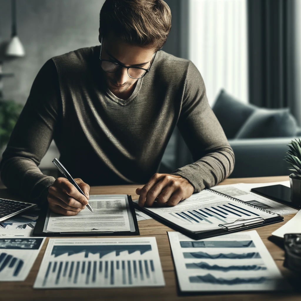 A realistic, impactful photograph of a person creating a financial plan, with documents and charts spread on a table. The person is of Caucasian ethnicity, focused on writing down strategies. The setting is a modern home office with a comfortable and organized environment.