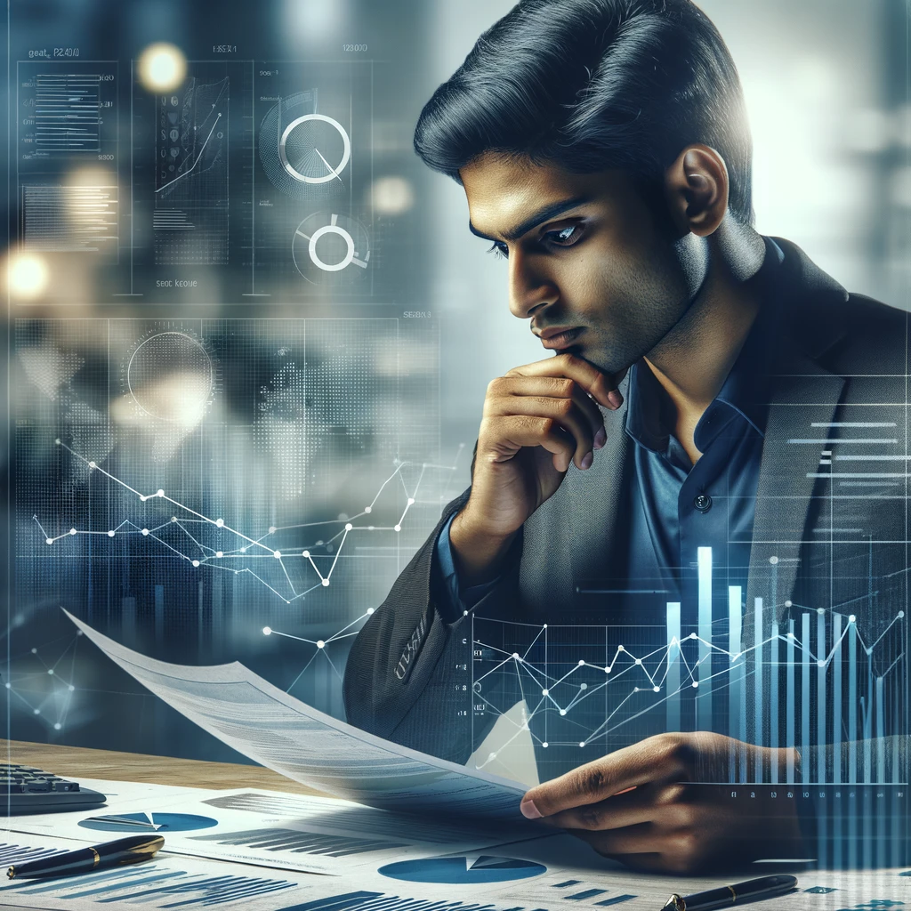 A realistic, impactful photograph of a person thoughtfully considering financial documents, with charts and graphs in the background. The person is of Indian ethnicity, focused and engaged in evaluating different financial strategies. The setting is a modern office environment.
