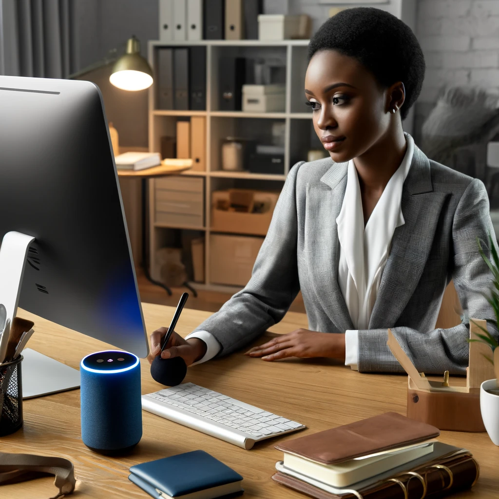 A realistic and impactful photograph of a professional woman in an office setting using a voice-controlled AI assistant on her desk. The scene includes a computer, a planner, and other office supplies. The woman is African and appears focused and productive.