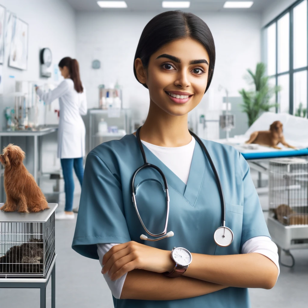 A realistic and impactful photograph of a veterinary assistant working in various settings, including a veterinary clinic, an animal shelter, and a pet store. The assistant is an Indian woman, and the backgrounds show clean, professional environments with veterinary equipment and animals.